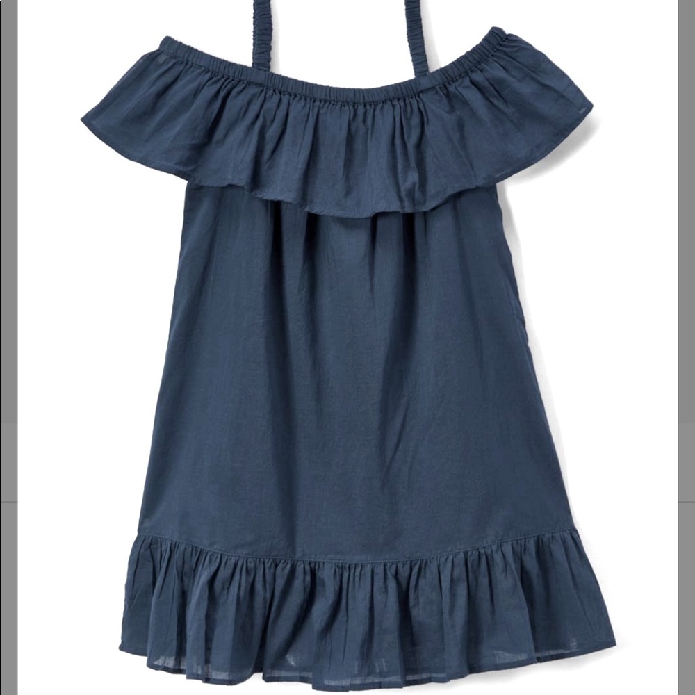 Navy Off-Shoulder Ruffle-Accent Peasant Dress